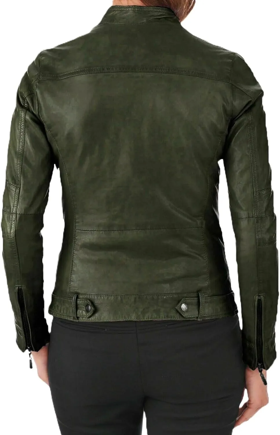 Women's Olive Green Jacket 100% Genuine Lambskin Leather Motorcycle Biker Jacket