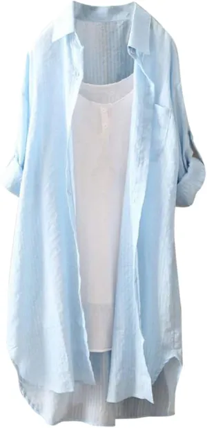 Women's Oversized Flannel Plaid Linen Shirts Camp Button Down Roll Up Sleeve Shirts Western Poplin Check Tunic Tops