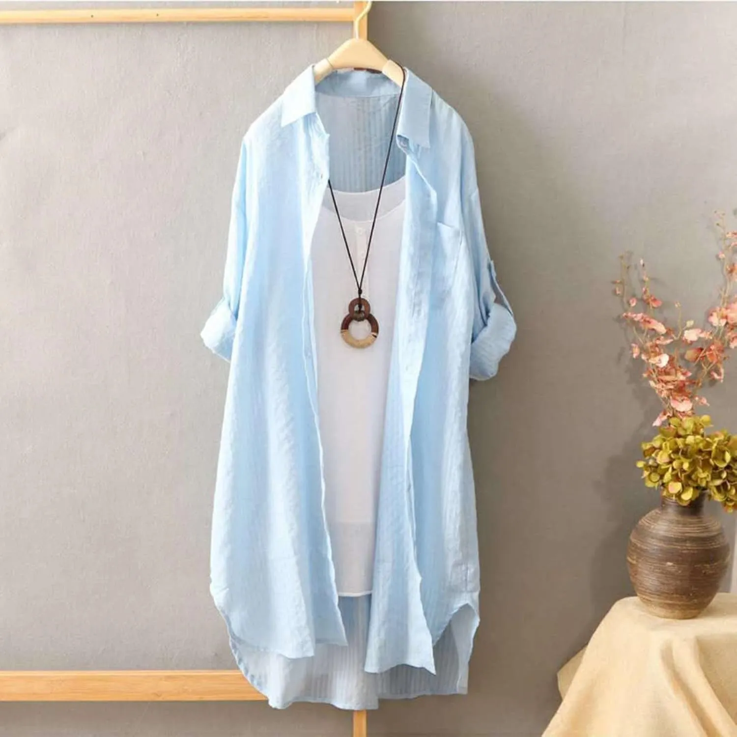 Women's Oversized Flannel Plaid Linen Shirts Camp Button Down Roll Up Sleeve Shirts Western Poplin Check Tunic Tops