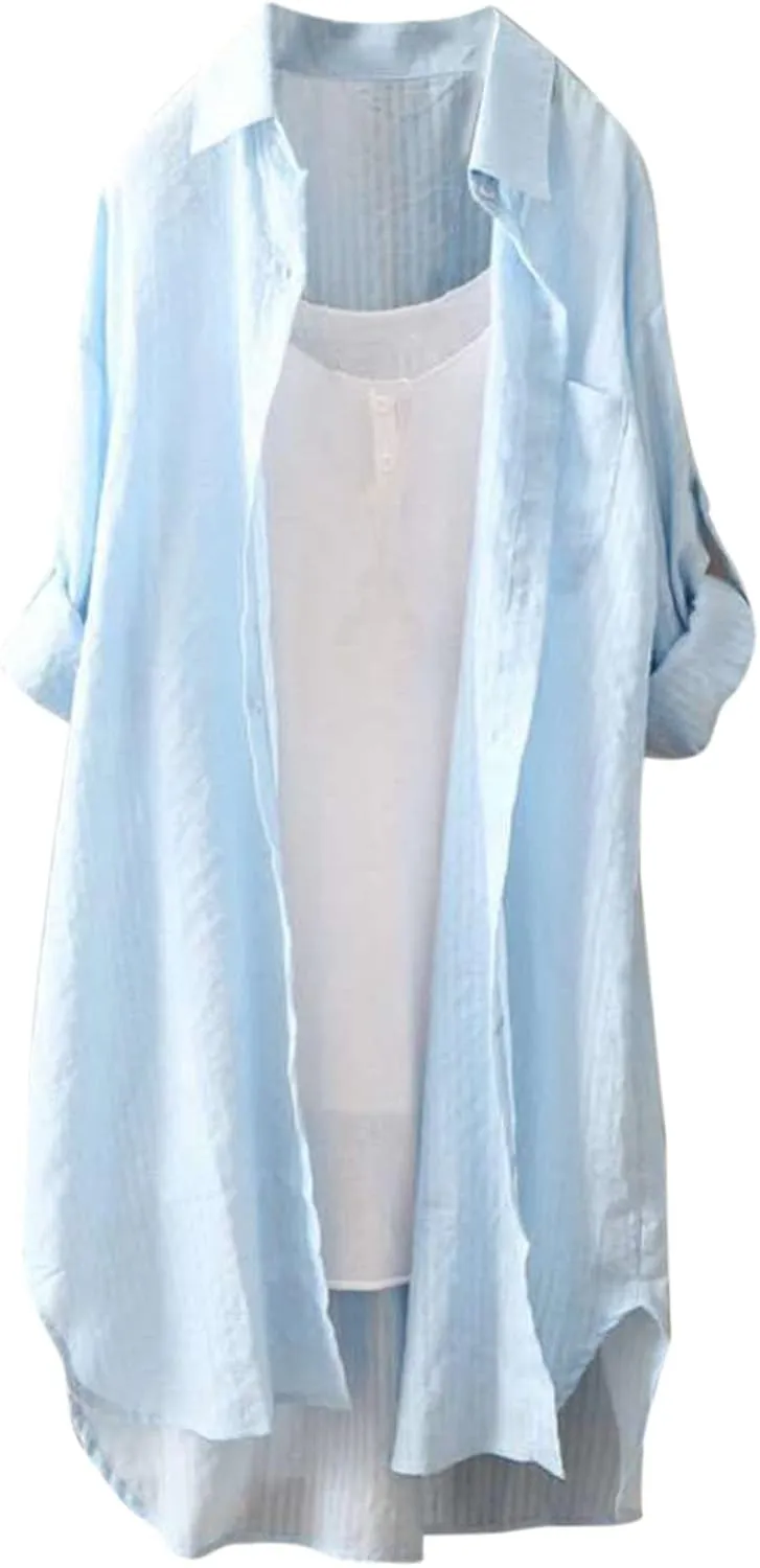 Women's Oversized Flannel Plaid Linen Shirts Camp Button Down Roll Up Sleeve Shirts Western Poplin Check Tunic Tops