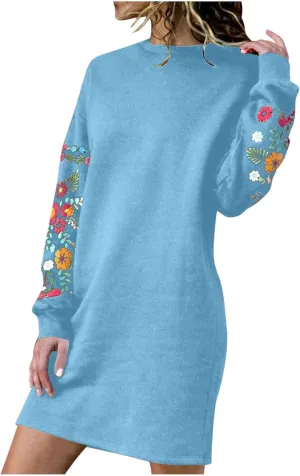 Womens Oversized Hoodies Sweatshirt Dresses Embroidered Long Sleeve Casual Tunic Dresses Loose Fit Fall Mini Dresses