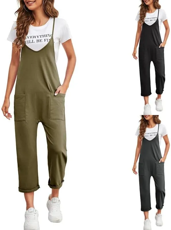Women's Oversized Jumpsuits Overalls, Casual Loose Sleeveless Spaghetti Strap Solid Color Baggy Outfits with Pocket