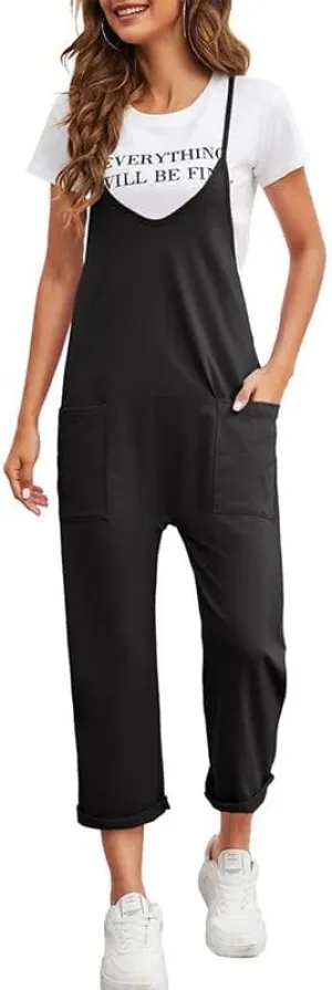 Women's Oversized Jumpsuits Overalls, Casual Loose Sleeveless Spaghetti Strap Solid Color Baggy Outfits with Pocket