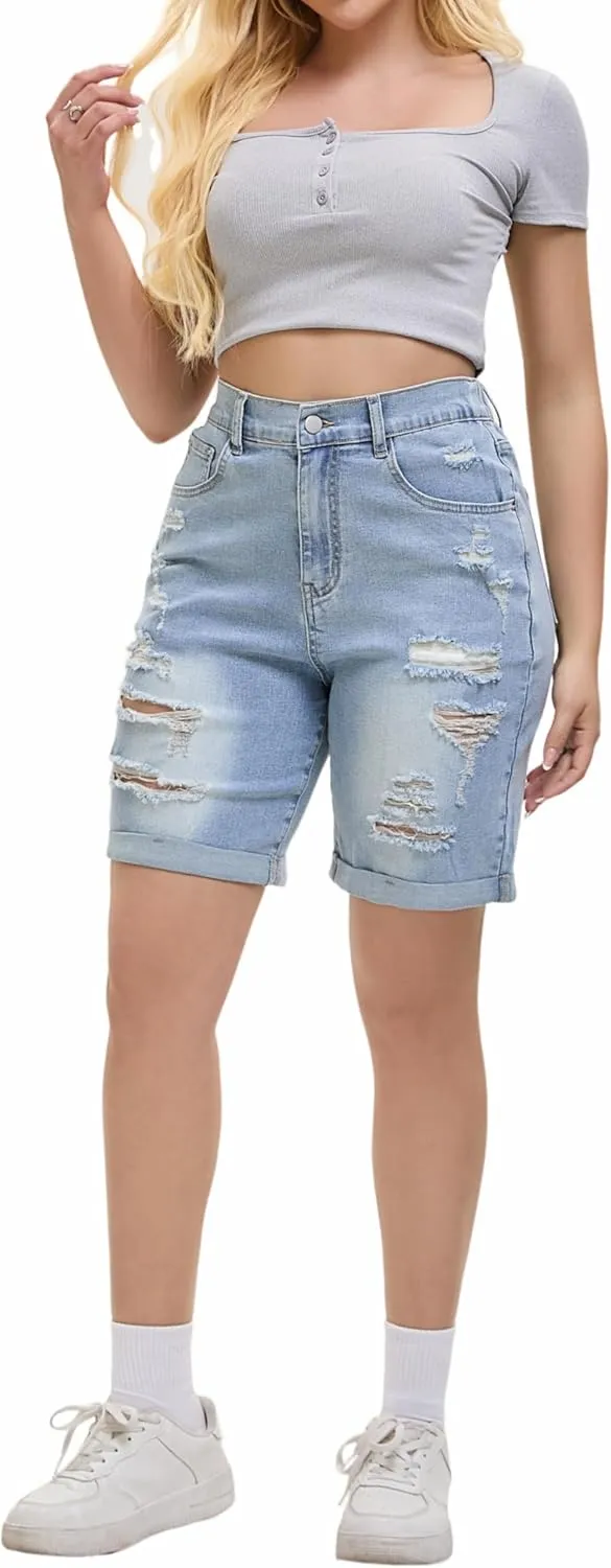 Women's Raw Hem Denim Jean Short Summer Casual Ripped Distressed Bermuda Brazilian Butt Lifting Cut Off Hot Shorts