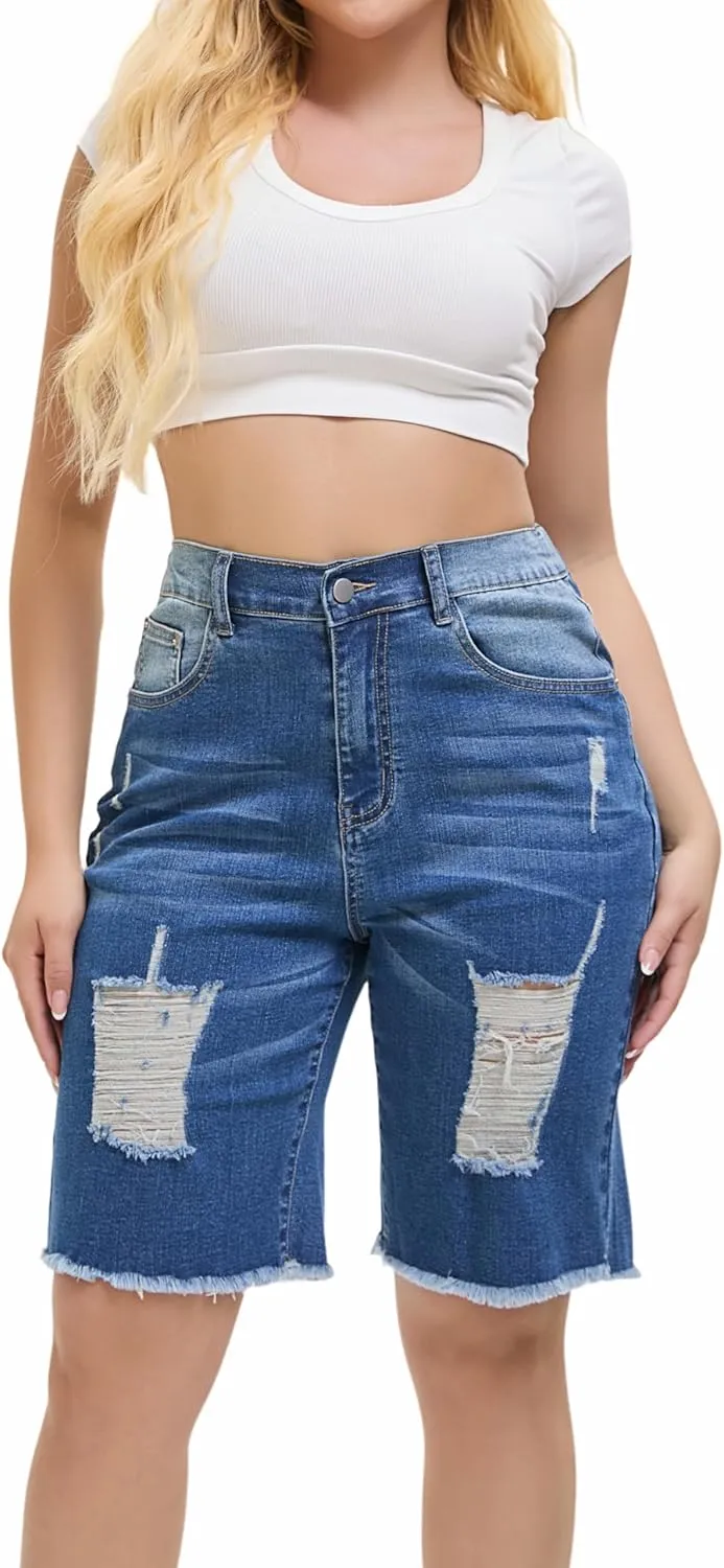 Women's Raw Hem Denim Jean Short Summer Casual Ripped Distressed Bermuda Brazilian Butt Lifting Cut Off Hot Shorts