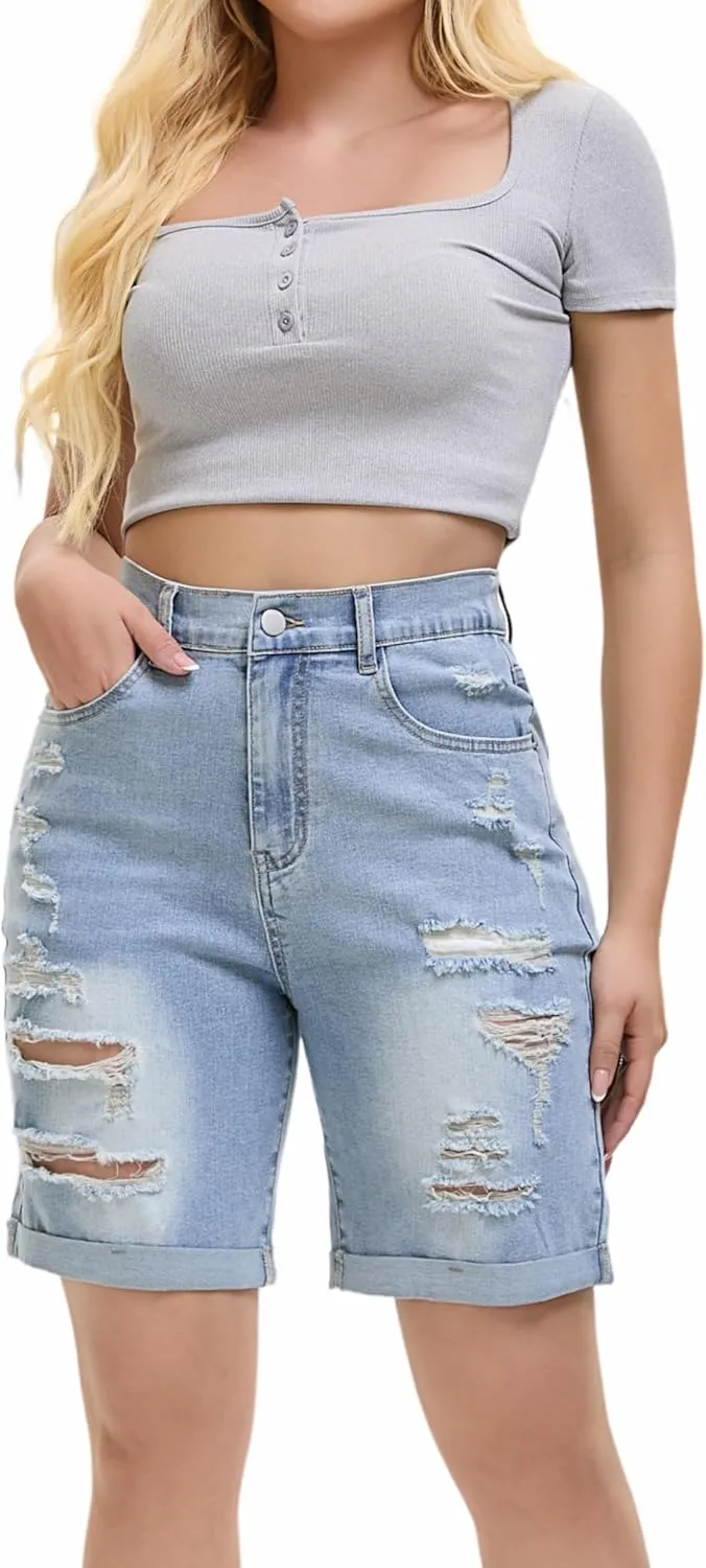 Women's Raw Hem Denim Jean Short Summer Casual Ripped Distressed Bermuda Brazilian Butt Lifting Cut Off Hot Shorts