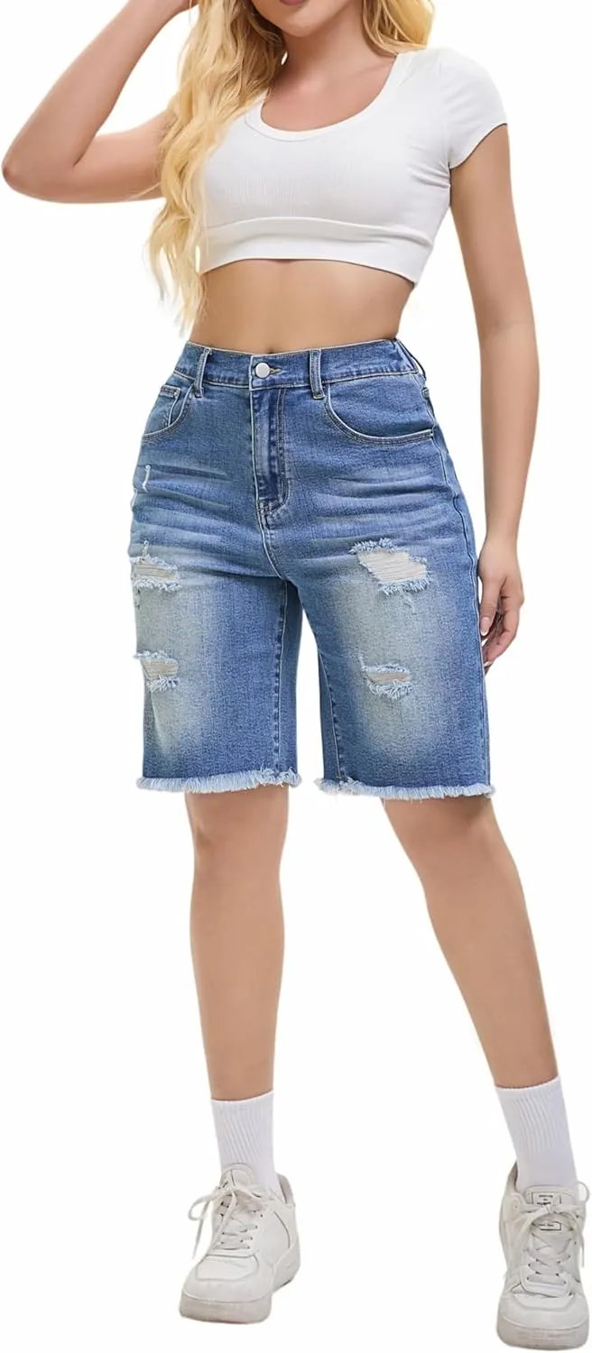 Women's Raw Hem Denim Jean Short Summer Casual Ripped Distressed Bermuda Brazilian Butt Lifting Cut Off Hot Shorts