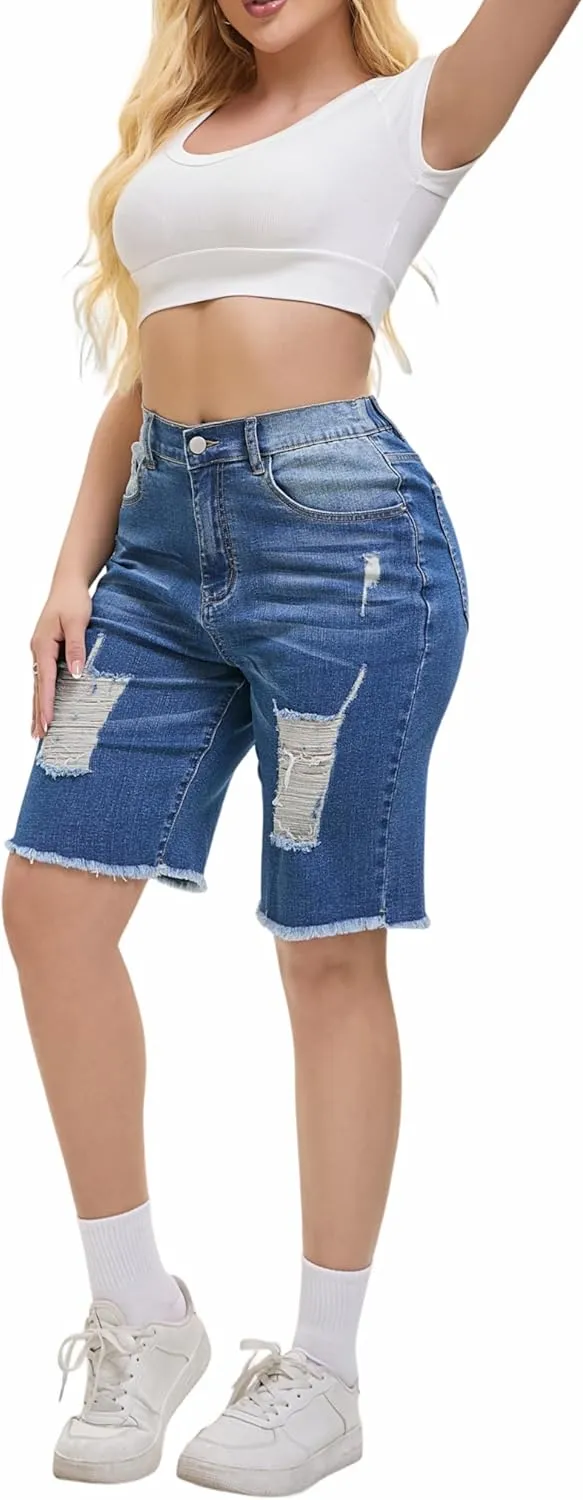 Women's Raw Hem Denim Jean Short Summer Casual Ripped Distressed Bermuda Brazilian Butt Lifting Cut Off Hot Shorts