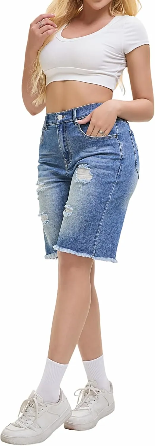 Women's Raw Hem Denim Jean Short Summer Casual Ripped Distressed Bermuda Brazilian Butt Lifting Cut Off Hot Shorts
