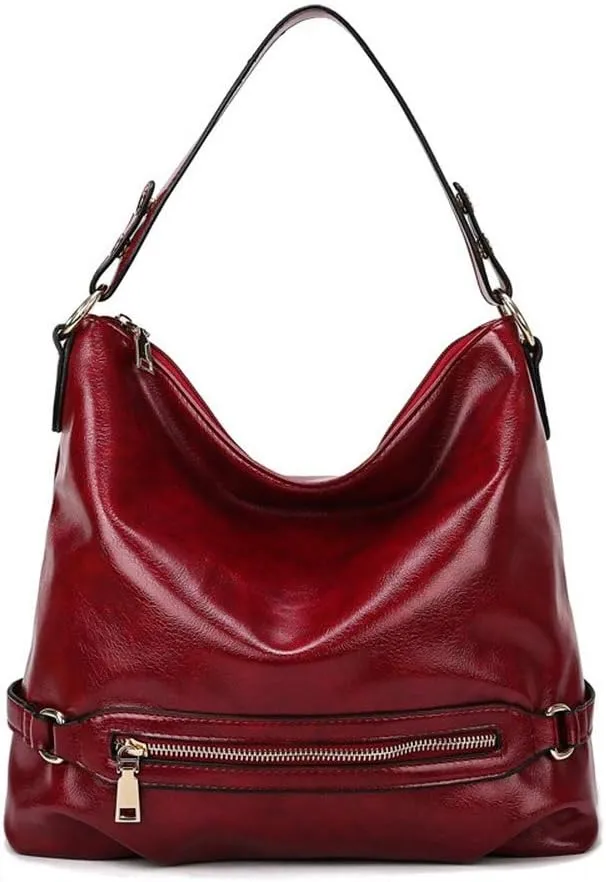 Women's Retro Large Capacity Zipper Handbag Soft Oil Wax Leather Tote Shoulder Bag (Brown)