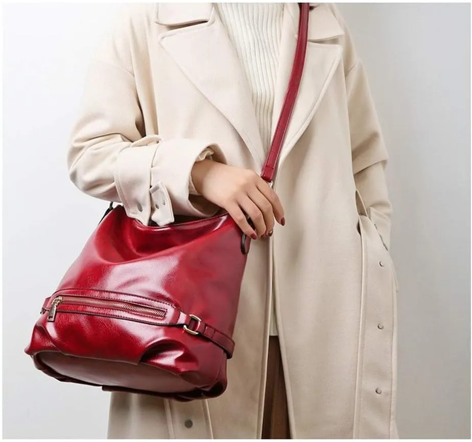 Women's Retro Large Capacity Zipper Handbag Soft Oil Wax Leather Tote Shoulder Bag (Brown)