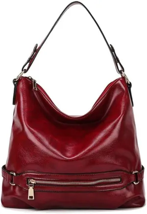 Women's Retro Large Capacity Zipper Handbag Soft Oil Wax Leather Tote Shoulder Bag (Brown)