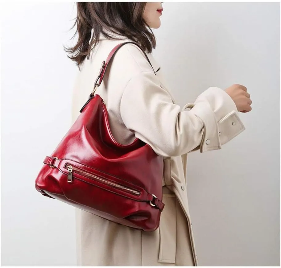 Women's Retro Large Capacity Zipper Handbag Soft Oil Wax Leather Tote Shoulder Bag (Brown)