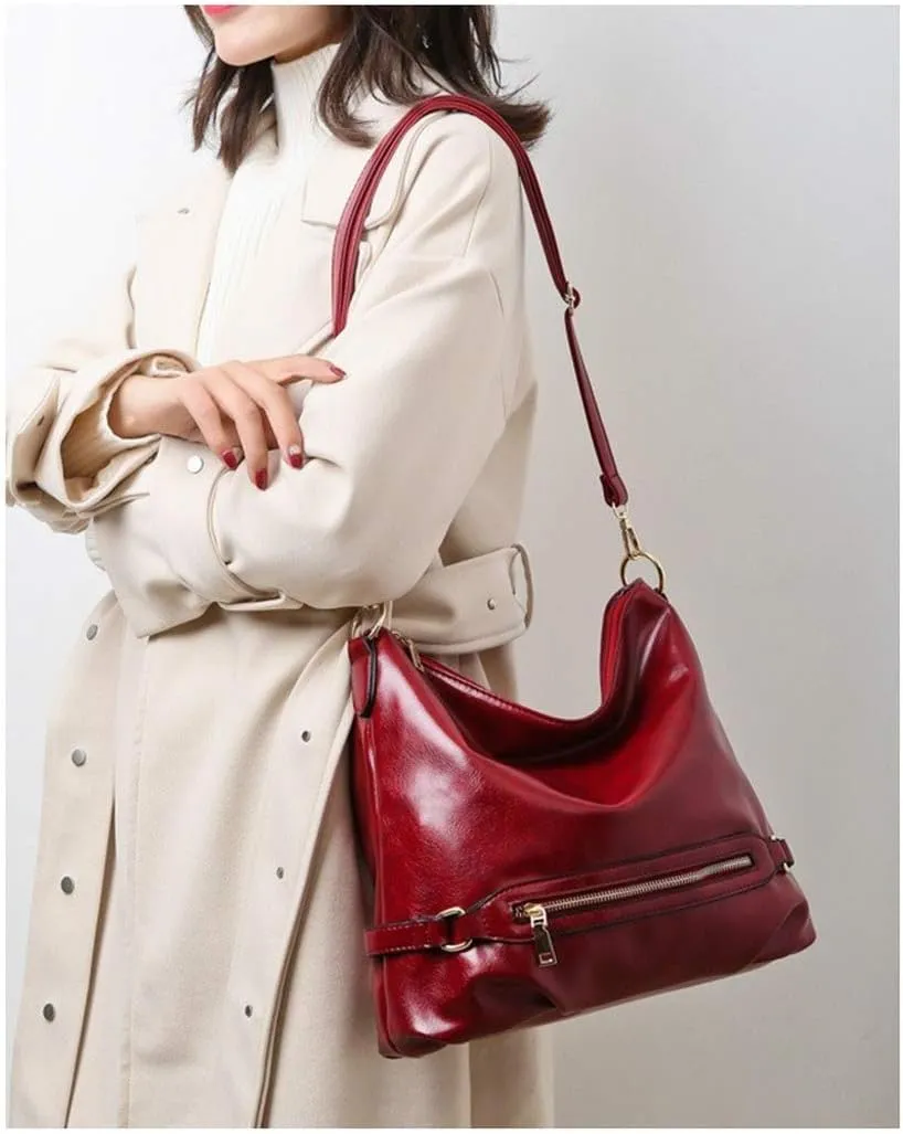 Women's Retro Large Capacity Zipper Handbag Soft Oil Wax Leather Tote Shoulder Bag (Brown)