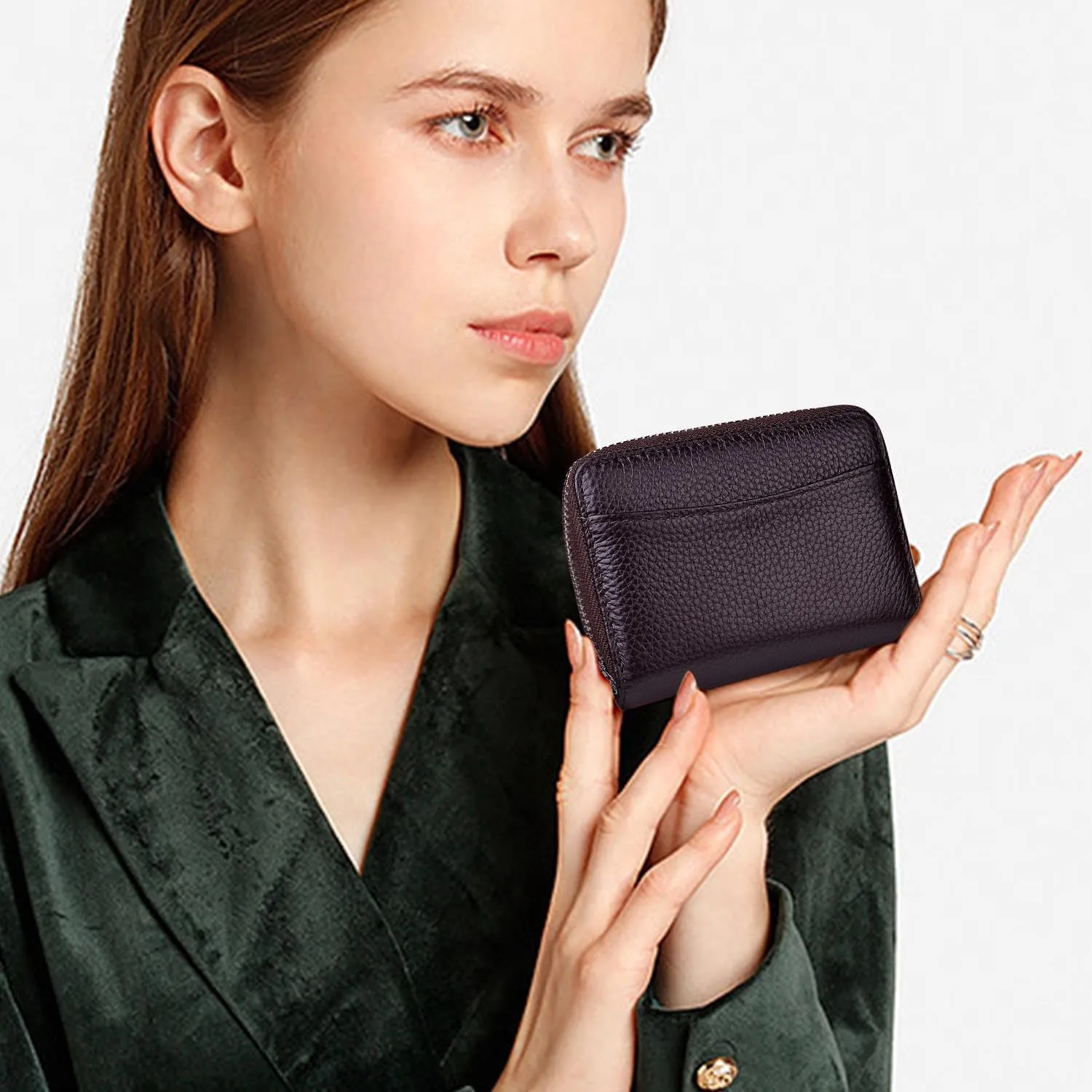 Women's RFID Blocking Credit Card Wallet, Minimalist Genuine Leather Zippered Small Coin Purse. (Coffee)