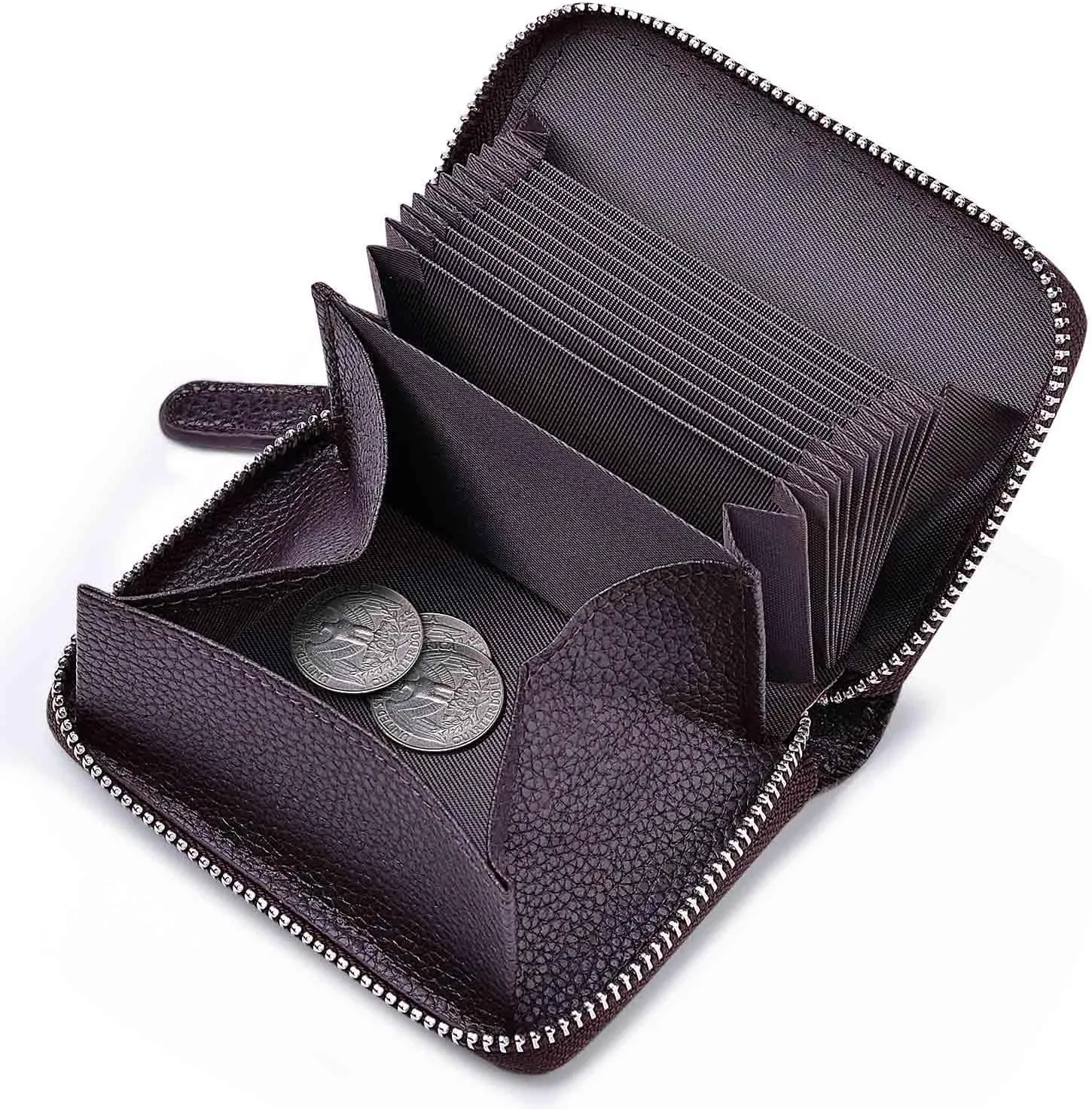 Women's RFID Blocking Credit Card Wallet, Minimalist Genuine Leather Zippered Small Coin Purse. (Coffee)