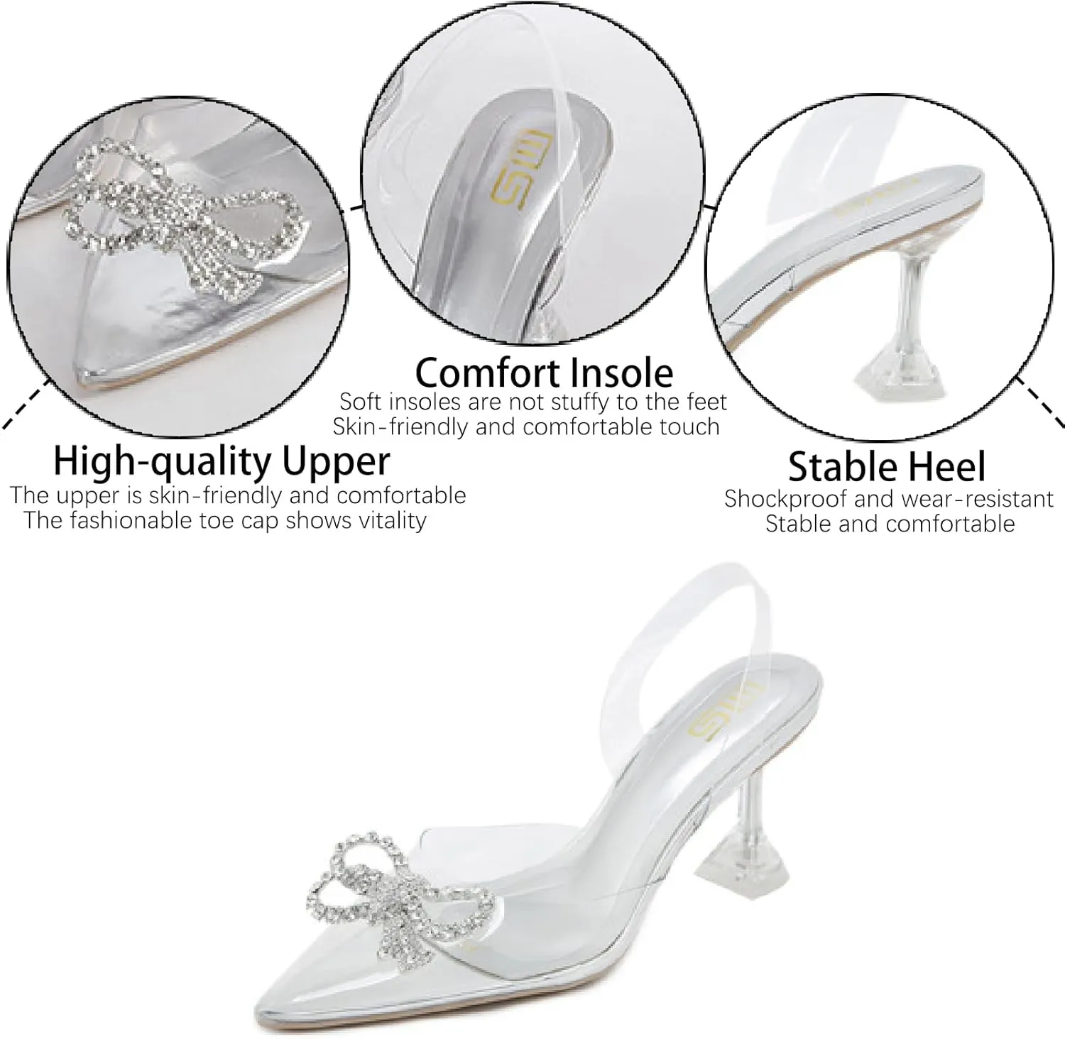 Women's Rhinestones Bow Clear Heels Slingback Pumps Fashion Comfort Closed Pointed Toe Kitten Heels Sandals for Wedding Party Dress Shoes