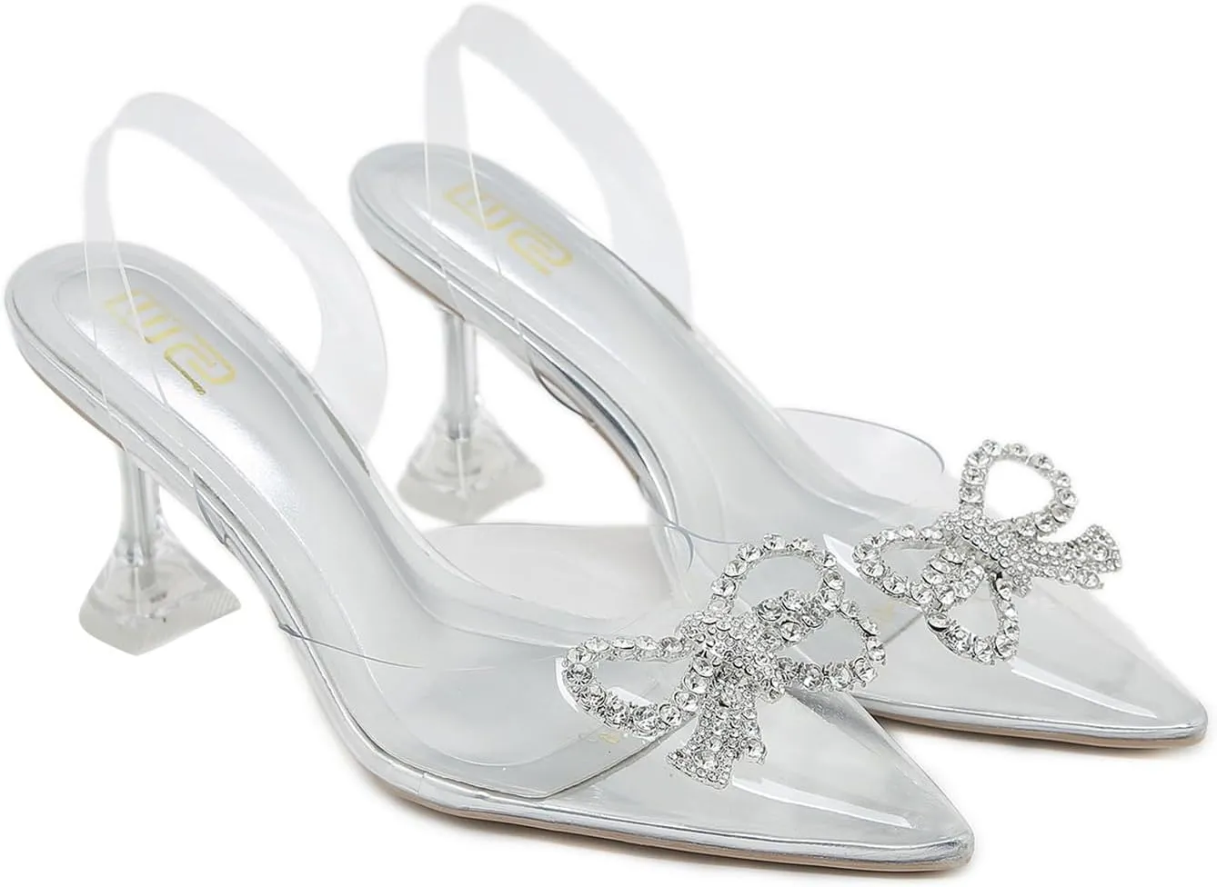 Women's Rhinestones Bow Clear Heels Slingback Pumps Fashion Comfort Closed Pointed Toe Kitten Heels Sandals for Wedding Party Dress Shoes