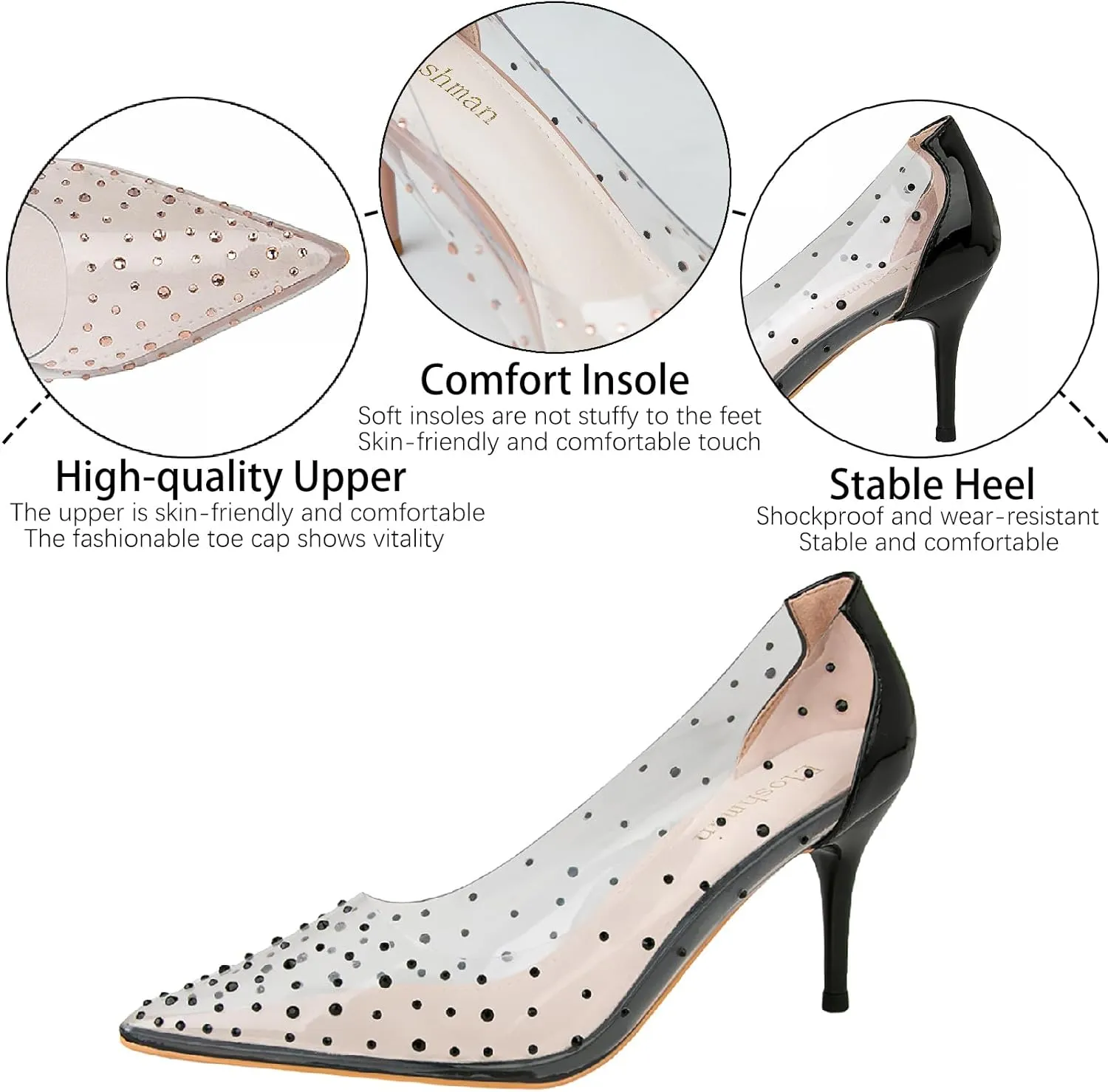 Women's Rhinestones Clear Leather Stiletto Pumps Fashion Comfort Closed Pointed Toe Slip On High Heels Sandals for Party Prom Date Dress Shoes