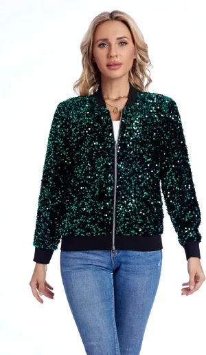 Women's Sequin Jacket Long Sleeve Blazer Glitter Front Zip With Pockets Casual Sparkly Party Velvet Bomber