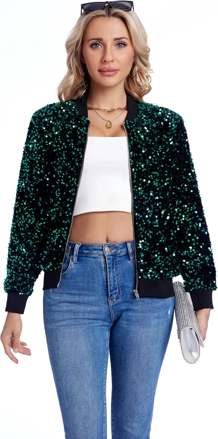 Women's Sequin Jacket Long Sleeve Blazer Glitter Front Zip With Pockets Casual Sparkly Party Velvet Bomber