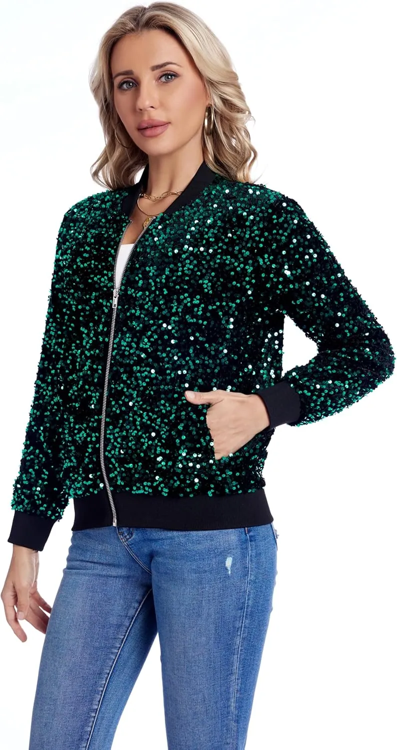Women's Sequin Jacket Long Sleeve Blazer Glitter Front Zip With Pockets Casual Sparkly Party Velvet Bomber