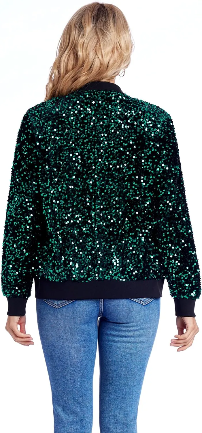 Women's Sequin Jacket Long Sleeve Blazer Glitter Front Zip With Pockets Casual Sparkly Party Velvet Bomber