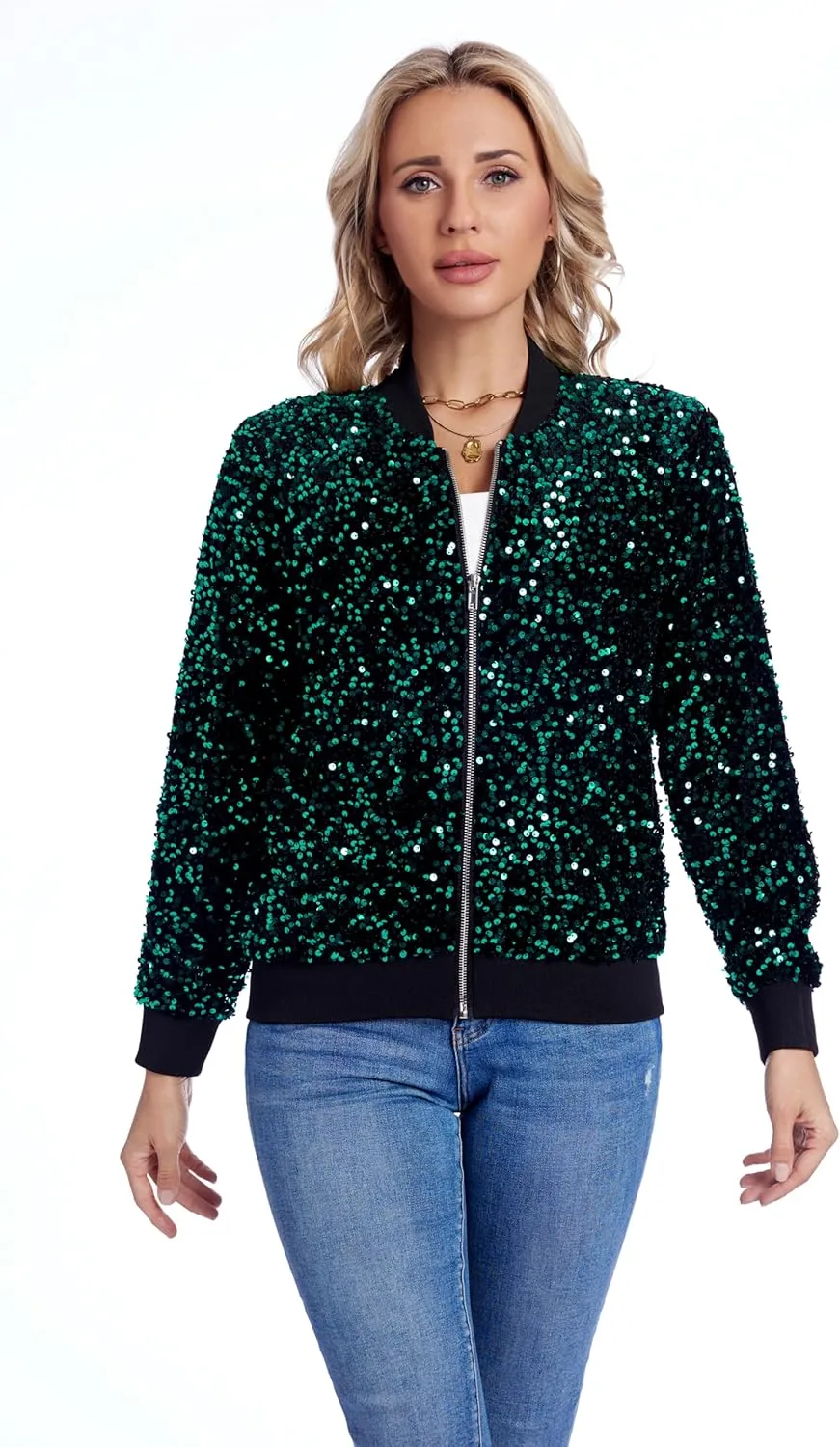 Women's Sequin Jacket Long Sleeve Blazer Glitter Front Zip With Pockets Casual Sparkly Party Velvet Bomber