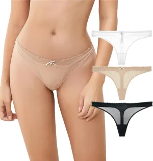 Women's Sexy Sheer Panties Thongs Mesh G-Strings Low Rise Brief Underwear, 3-Pack