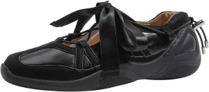 Women's Shiny Leather Mary Jane Sneakers Lace Up Closed Round Toe Ballet Shoes Flat Sneakers for Women Ballet Flats