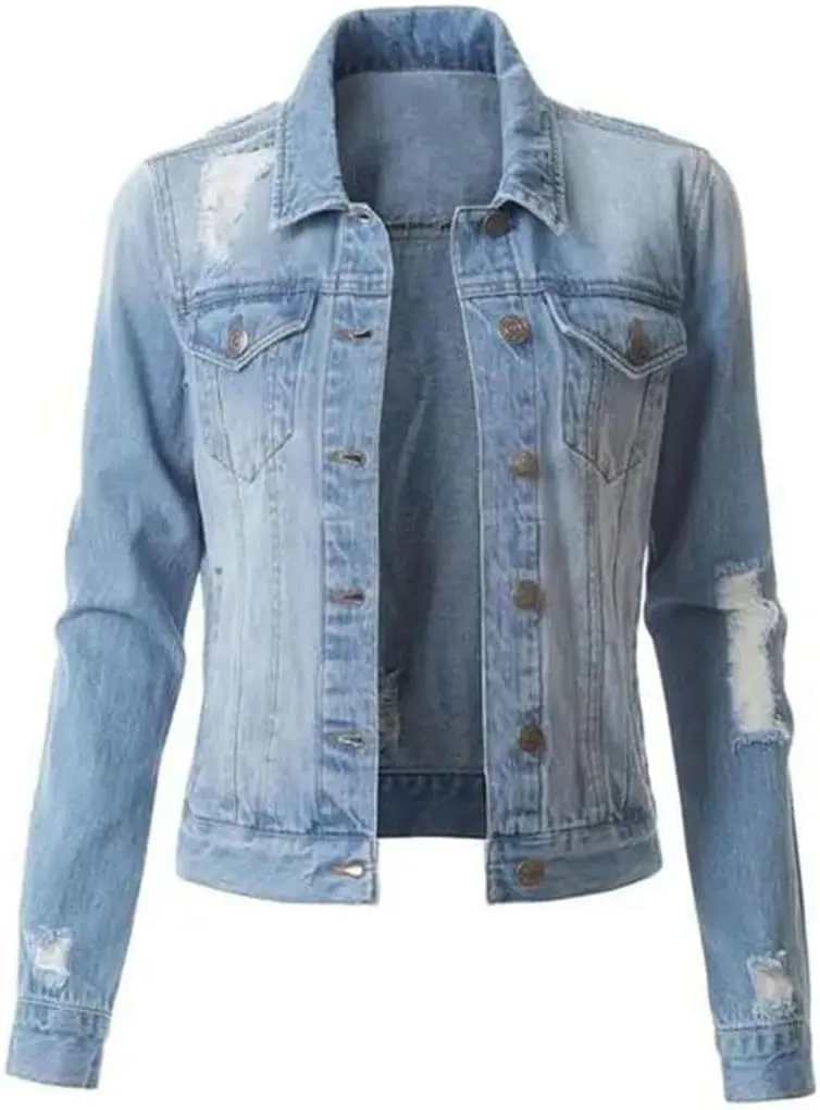 Women's Short Denim Jacket Loose Denim Ripped Jacket Women's Retro Aviator Denim Jacket