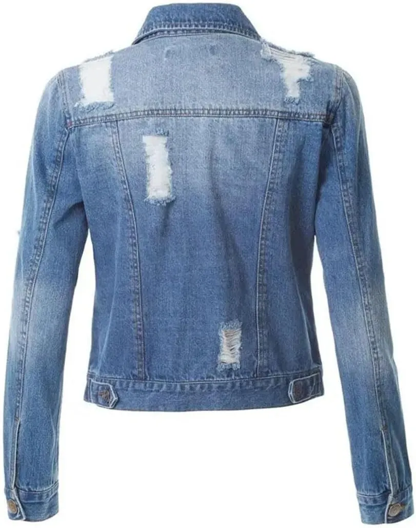 Women's Short Denim Jacket Loose Denim Ripped Jacket Women's Retro Aviator Denim Jacket