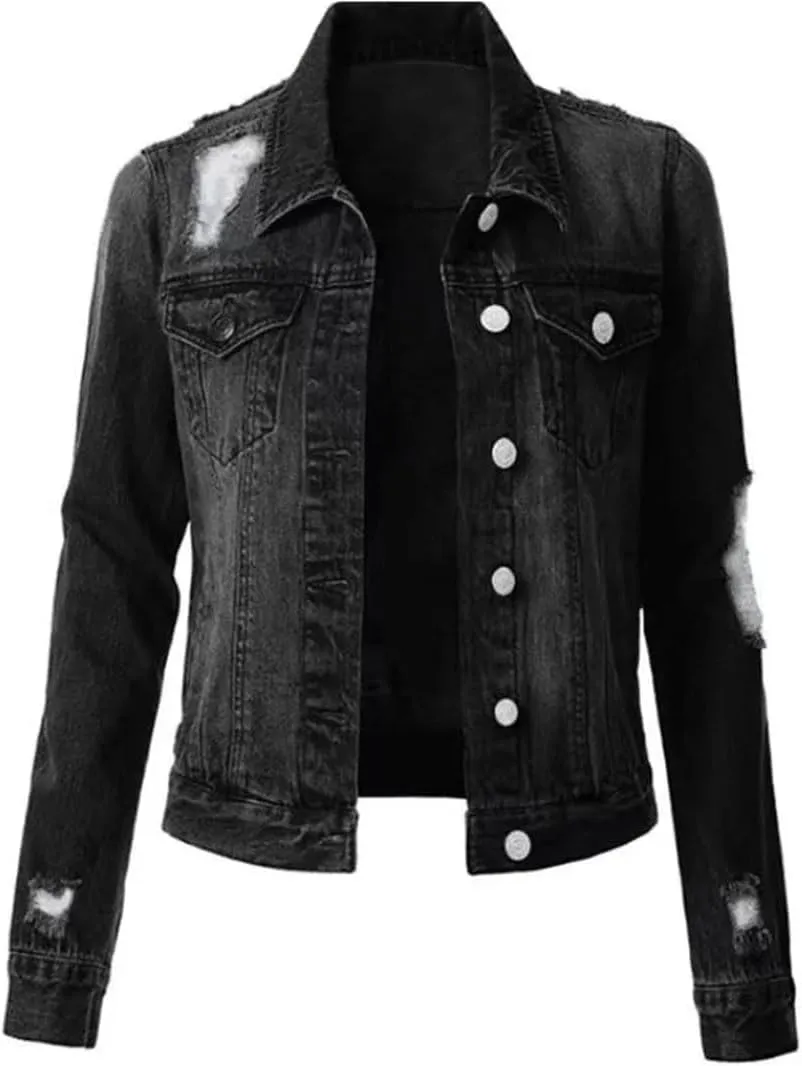Women's Short Denim Jacket Loose Denim Ripped Jacket Women's Retro Aviator Denim Jacket