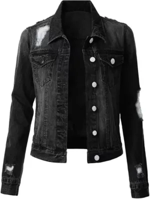 Women's Short Denim Jacket Loose Denim Ripped Jacket Women's Retro Aviator Denim Jacket