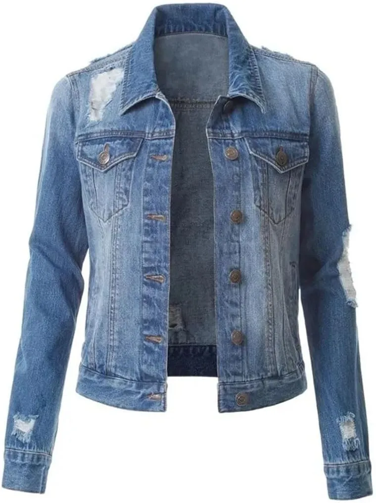 Women's Short Denim Jacket Loose Denim Ripped Jacket Women's Retro Aviator Denim Jacket