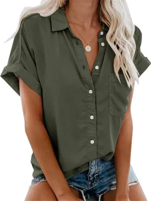 Womens Short Sleeve Casual Button Down Shirts Summer Soft Fashion Cotton Blouses Tops with Pocket