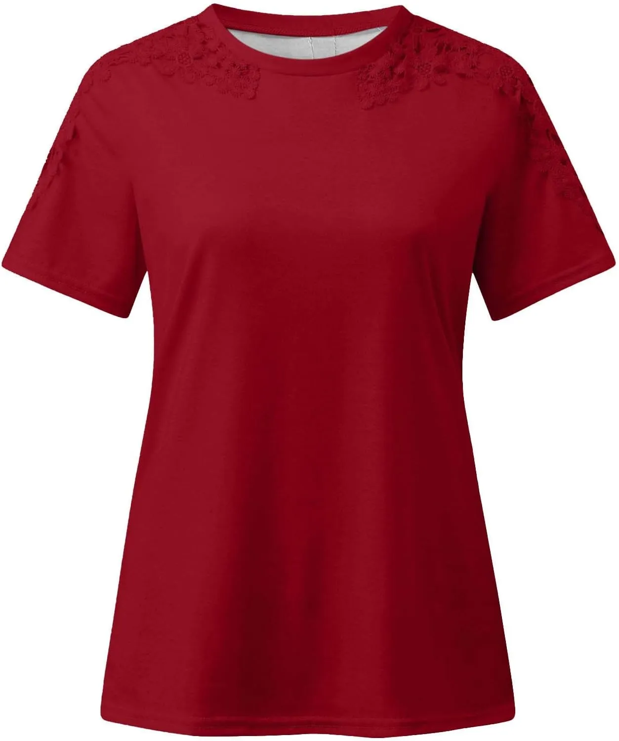 Womens Short Sleeve Shirts Casual Round Neck Fashion Solid Color T-Shirts Trendy Loose Pullover Lace Tops Blouse