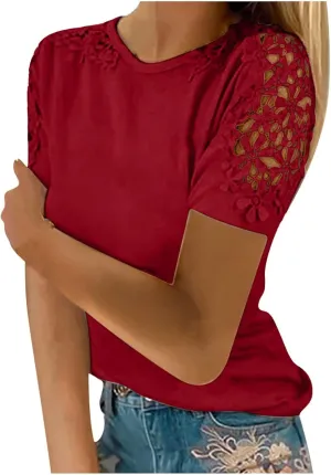 Womens Short Sleeve Shirts Casual Round Neck Fashion Solid Color T-Shirts Trendy Loose Pullover Lace Tops Blouse