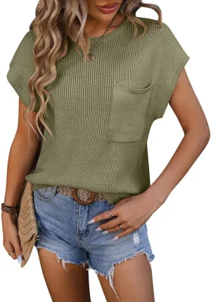 Women's Spring and Summer Round Neck Loose Artistic Style Sweater Pocket Decoration Solid Color Casual Short Sleeved Top