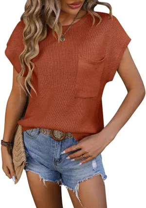 Women's Spring and Summer Round Neck Loose Artistic Style Sweater Pocket Decoration Solid Color Casual Short Sleeved Top