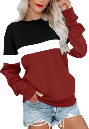 Women's Spring Casual Long Sleeve Sweatshirts Color Block/Solid/Gradient Lightweight Crew Neck Pullover Loose Fit Tunic Tops