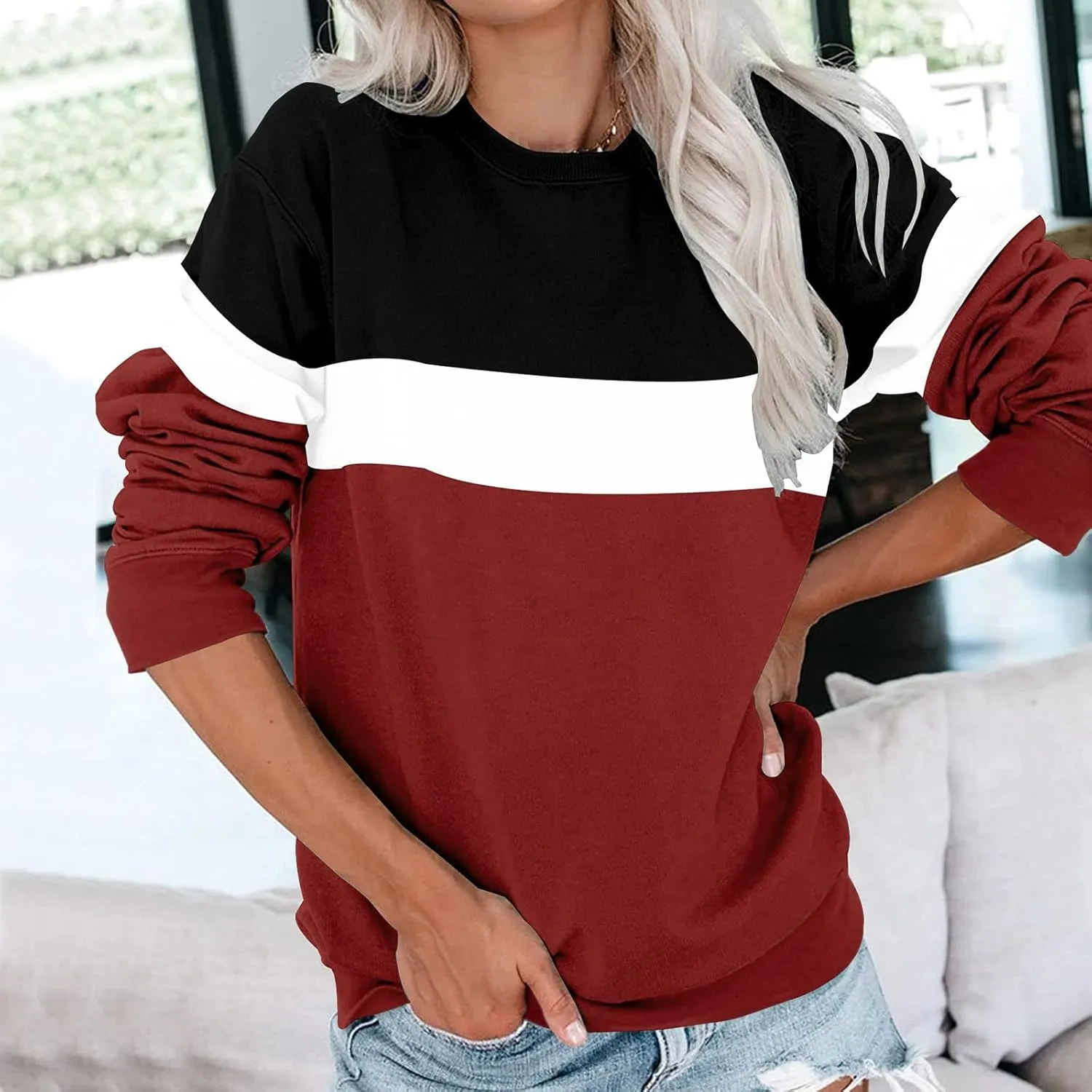 Women's Spring Casual Long Sleeve Sweatshirts Color Block/Solid/Gradient Lightweight Crew Neck Pullover Loose Fit Tunic Tops