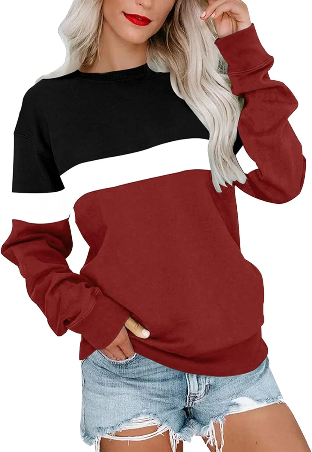 Women's Spring Casual Long Sleeve Sweatshirts Color Block/Solid/Gradient Lightweight Crew Neck Pullover Loose Fit Tunic Tops