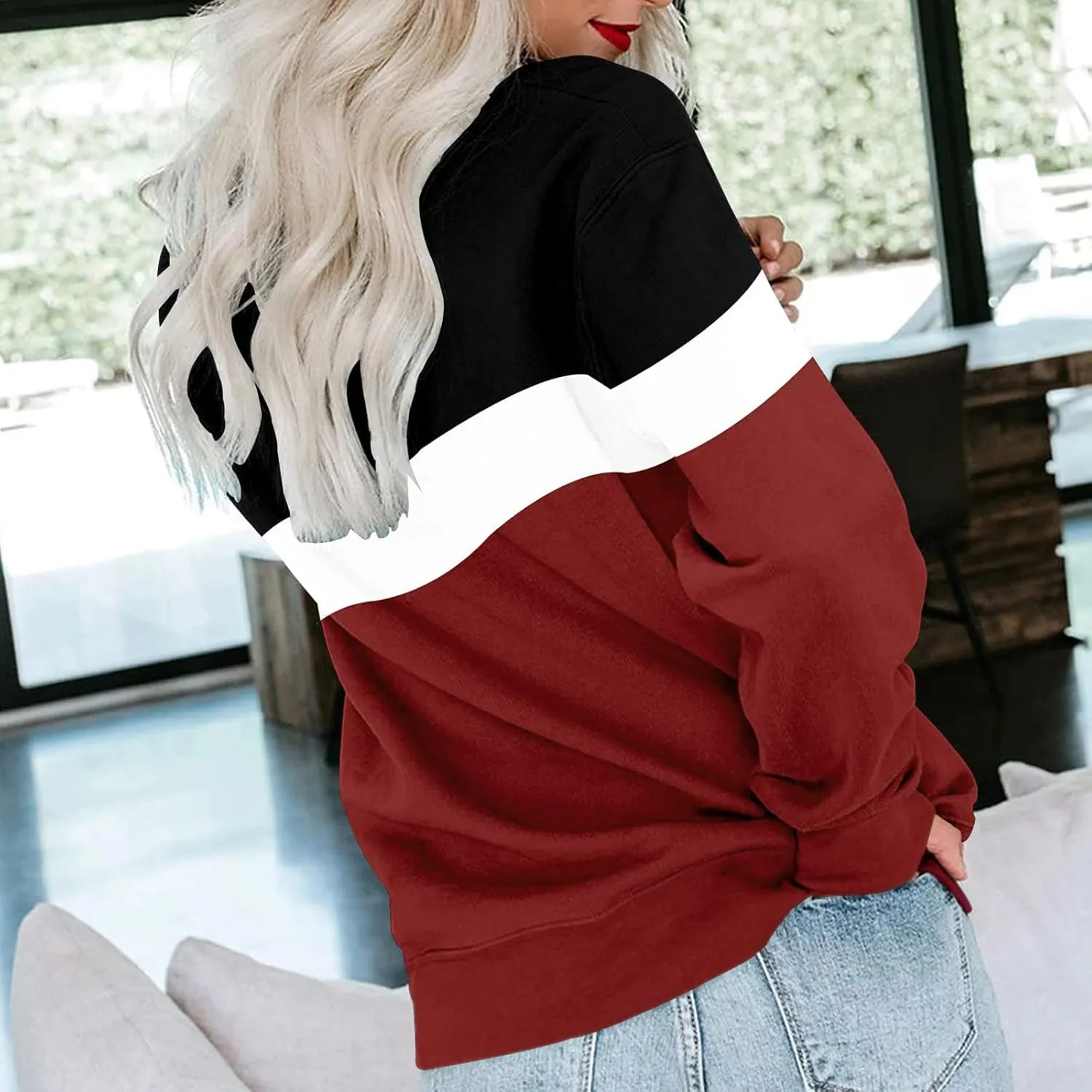 Women's Spring Casual Long Sleeve Sweatshirts Color Block/Solid/Gradient Lightweight Crew Neck Pullover Loose Fit Tunic Tops