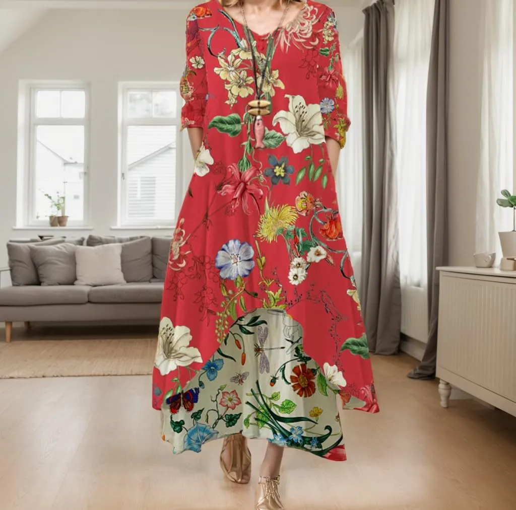 Women's Spring Linen Boho Floral Fake 2 Piece Irregular Hem Maxi Dress Summer Crewneck 3/4 Sleeve Dresses with Pocket