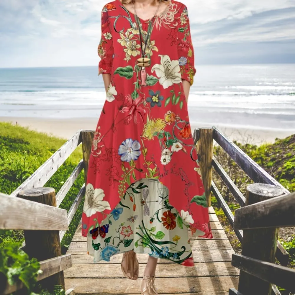 Women's Spring Linen Boho Floral Fake 2 Piece Irregular Hem Maxi Dress Summer Crewneck 3/4 Sleeve Dresses with Pocket