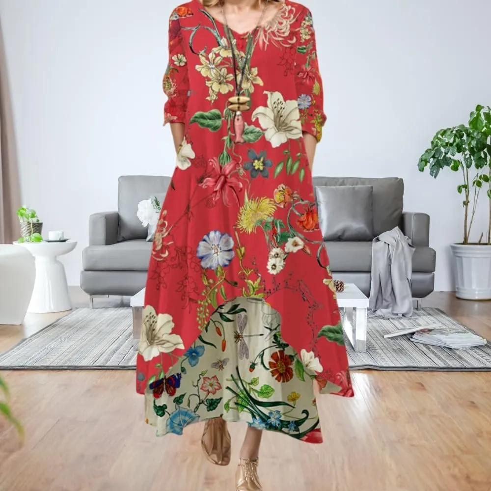 Women's Spring Linen Boho Floral Fake 2 Piece Irregular Hem Maxi Dress Summer Crewneck 3/4 Sleeve Dresses with Pocket