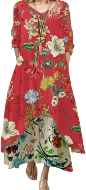 Women's Spring Linen Boho Floral Fake 2 Piece Irregular Hem Maxi Dress Summer Crewneck 3/4 Sleeve Dresses with Pocket