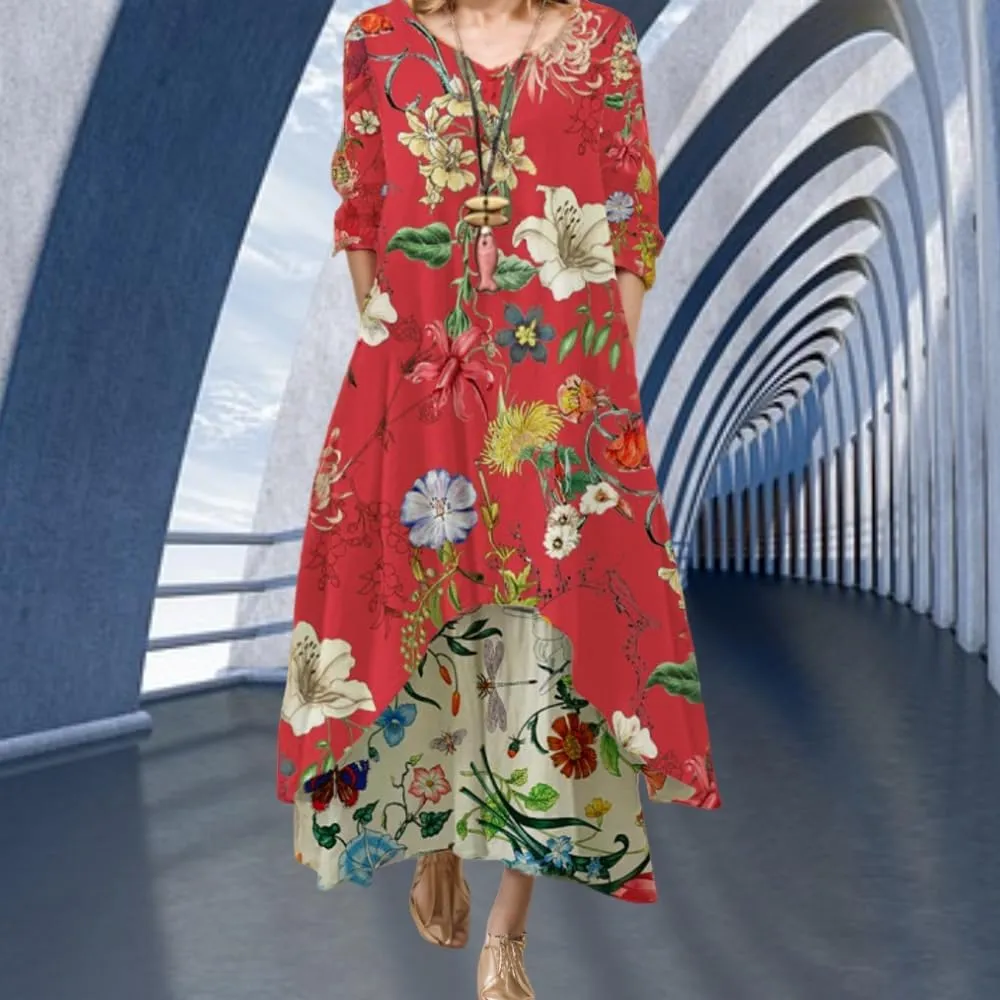 Women's Spring Linen Boho Floral Fake 2 Piece Irregular Hem Maxi Dress Summer Crewneck 3/4 Sleeve Dresses with Pocket
