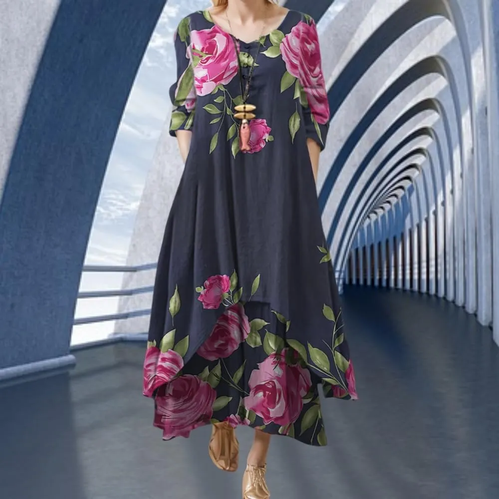 Women's Spring Linen Boho Floral Fake 2 Piece Irregular Hem Maxi Dress Summer Crewneck 3/4 Sleeve Dresses with Pocket